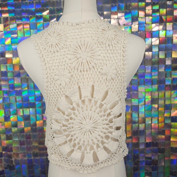Vintage Handmade Crochet Vest Womens One Size Cream Boho Festival Sunbeam Design - Picture 3 of 5